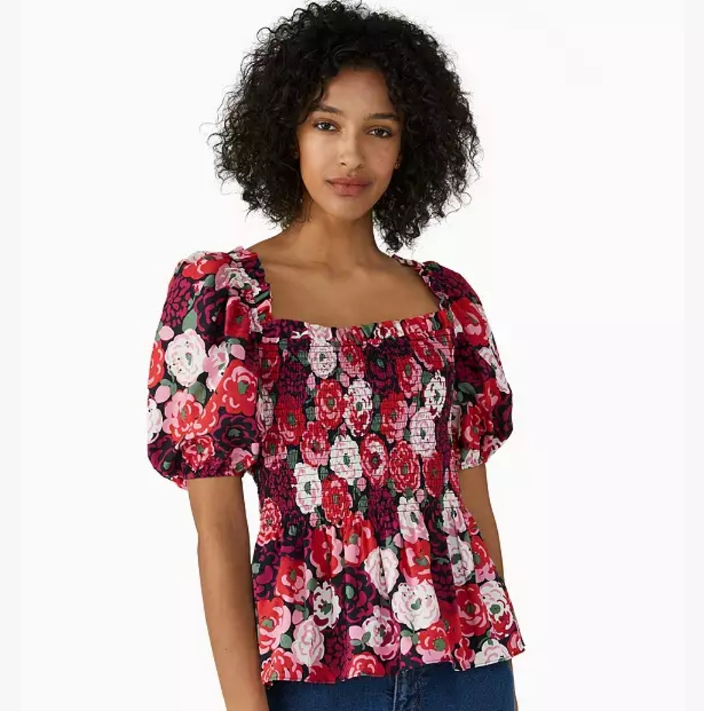 Kate Spade Rosette Blooms Puff-sleeve Top
